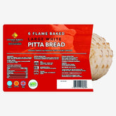 The Leicester Bakery - Large White Pitta Bread - 6 Pack features red packaging adorned with nutritional information and certification logos, and includes six flame-baked pitta breads.